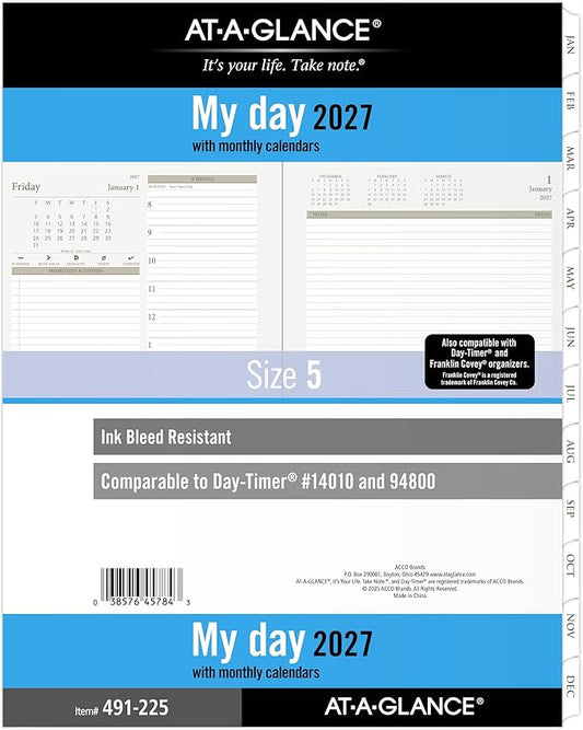AT-A-GLANCE 2027 Planner Refill Daily, 8.5" x 11", Folio Size 5, Two Page Per Day Refill, 7-Ring Loose-Leaf (491-225-27)
