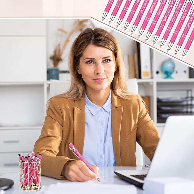 Zonon 12 Pcs Inspirational Pens Gift Set Funny Ballpoint Pen with Stylus Tip Motivational Graduation Gifts Bulk for Teacher Coworkers Nurse School Office Supplies(Pink,Boss Lady)