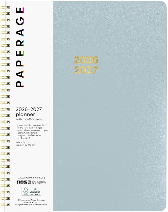 PAPERAGE 2 Year Monthly & Yearly Planner, 24 Months (January 2026 - December 2027), 8.5 in x 11 in, Spiral Bound 2026-2027 Planner with Monthly & Yearly Views, Note Pages & Trackers - Slate
