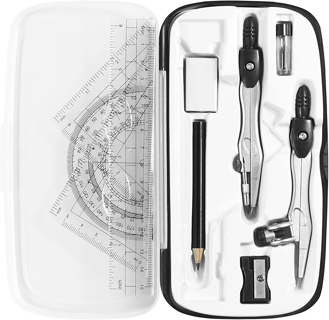 Vobou Math Geometry Kit Sets 10 Piece Student Supplies with Shatterproof Storage Box,Includes Rulers,Protractor,Compass,Eraser,Pencil Sharpener,Lead Refills,Pencil,for Drafting（Black）