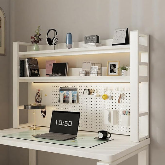 Desk Shelf Organizer for Top of Desk – Desktop Bookshelf with Pegboard & Storage Accessories, Adjustable Hutch for Dorm or Office, Steel Frame Display Shelf, White frame + white board 45.3*9.8*36.6in