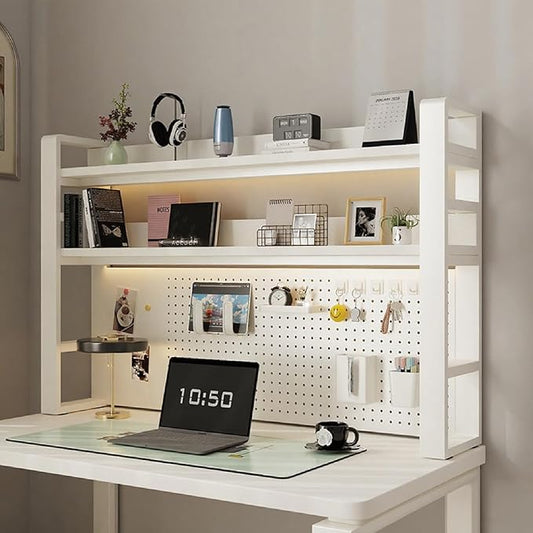 Desk Shelf Organizer for Top of Desk – Desktop Bookshelf with Pegboard & Storage Accessories, Adjustable Hutch for Dorm or Office, Steel Frame Display Shelf, N White frame + white board 61*9.8*36.6in