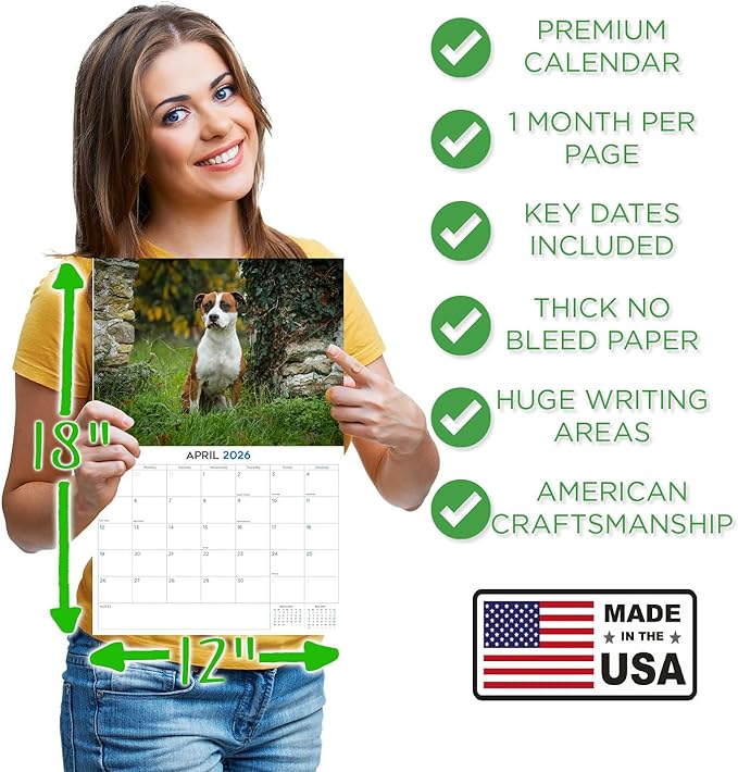 2025 2026 American Staffordshire Terrier Calendar - Dog Breed Monthly Wall Calendar - 12" x 18" Open - Thick No-Bleed Paper - Giftable - Academic Teacher's Planner Calendar Organizing & Planning - Made in USA