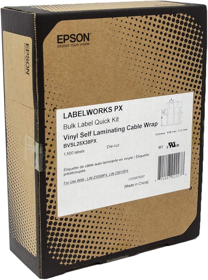 Epson LABELWORKSPX BVSL25X38PX Genuine Bulk Die Cut Self Laminating Overwrap Vinyl Tape - Black on White Flexible and Durable Industrial Label Maker Tape - 1" x 1.5" Wide, 1500 Labels per Roll