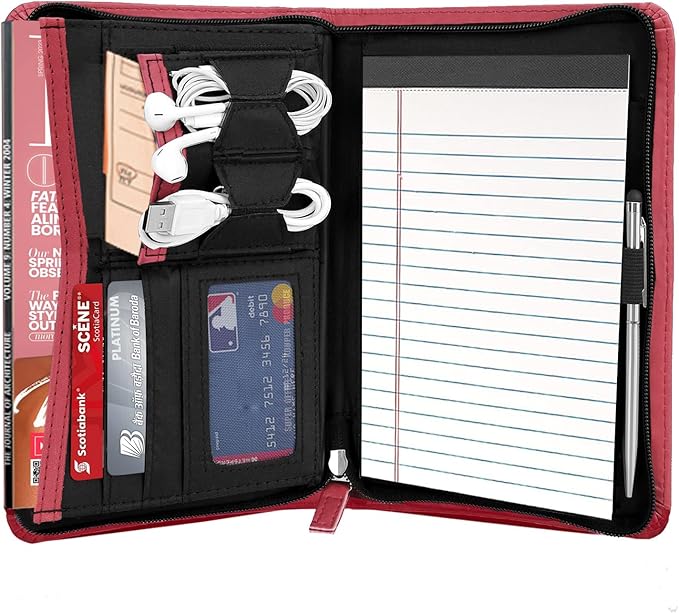Junior Padfolio Portfolio with 5 x 8 Writing Pad, A5 Business Portfolio Binder Folder Organizer Multi-Function Combination Case for Men Women, Red.