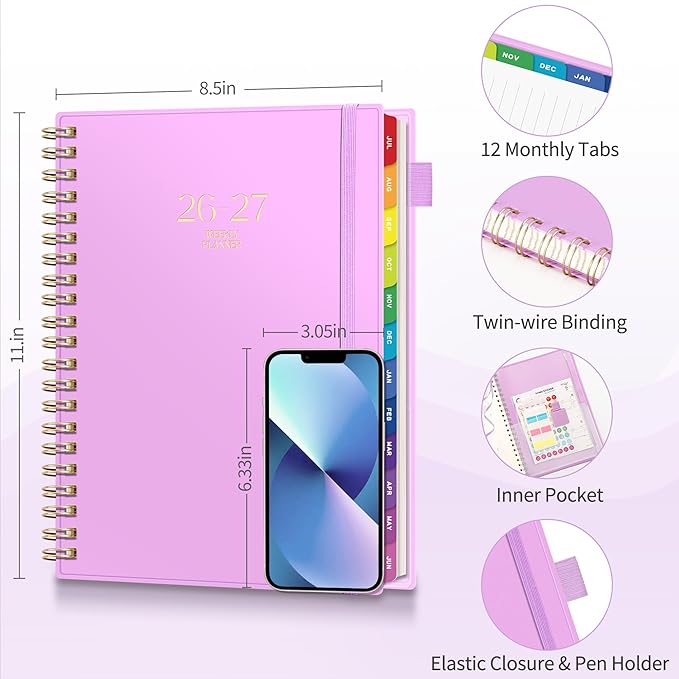 EMSHOI Academic Planner 2026-2027, Large A4 8.5x11, Weekly and Monthly Calendar (July 2026-June 2027), School Student Teacher Agenda Book, 100GSM Thick Paper, PVC Cover, Colorful Tabs, Purple
