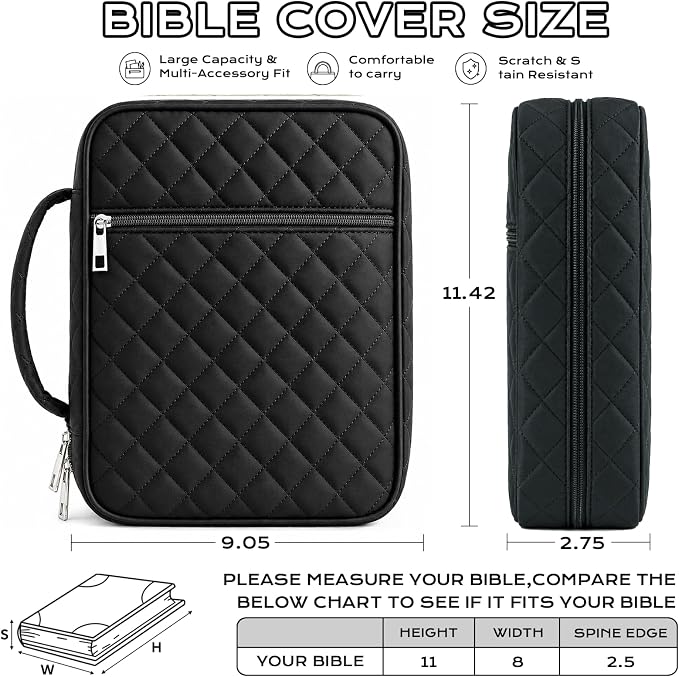 XKDOUS Quilted Bible Cover Case with Bible Study Accessories Kit, Waterproof Large Capacity Bible Bag for Women, Portable for Church Study, Multiple Morandi Color Options (Black)