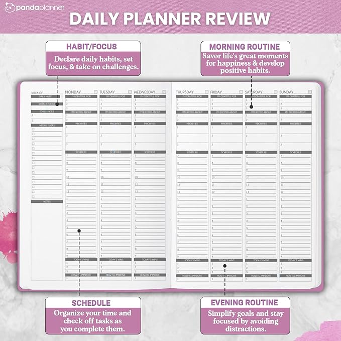 Panda Planner Mental Health Journal – 8.5” x 11" Soft Fabric Hardcover Wellness Planner with Mood Tracker & Daily Reflection Prompts – Undated 12-Month Self-Care Organizer with 3 Bookmarks (Pink)