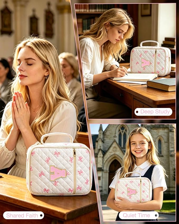Personalized Initial Bible Cover Case for Women Girls Kid Large Bible Cover with Durable Handle Quilted Bible Carrying Case for Girls Bible Study Supplies Accessories (Pink Bow E, one Size)