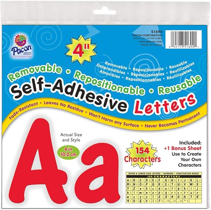 Pacon Reusable Self-Adhesive Vinyl Letters & Numbers Cheery Font 4" Red