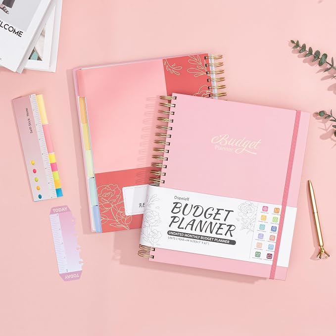 Ospelelf Budget Planner - Monthly Budget Book with Expense Tracker Notebook, Undated 12 Month Bill Organizer & Finance Planner, A4 Account Book with 12 Index Pockets, Zipper Pouch, Stickers(Pink)