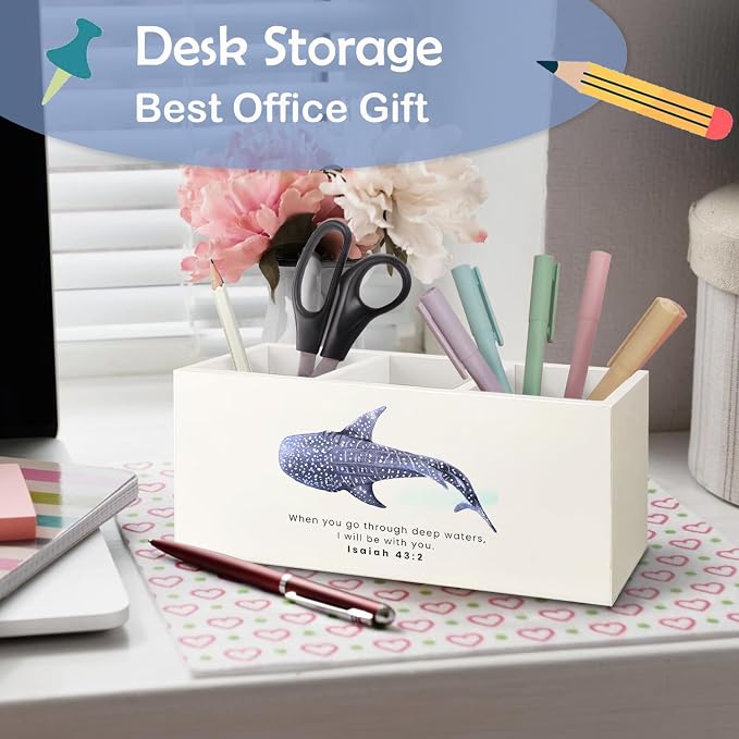 SNNDER Whale Shark Christian Pen Holder for Desk, Christian Gifts for Women Men, Inspirational Bible Verses Isaiah 32:2 Wooden Pen Pencil Holder Organizer for Home Office Desk Accessories