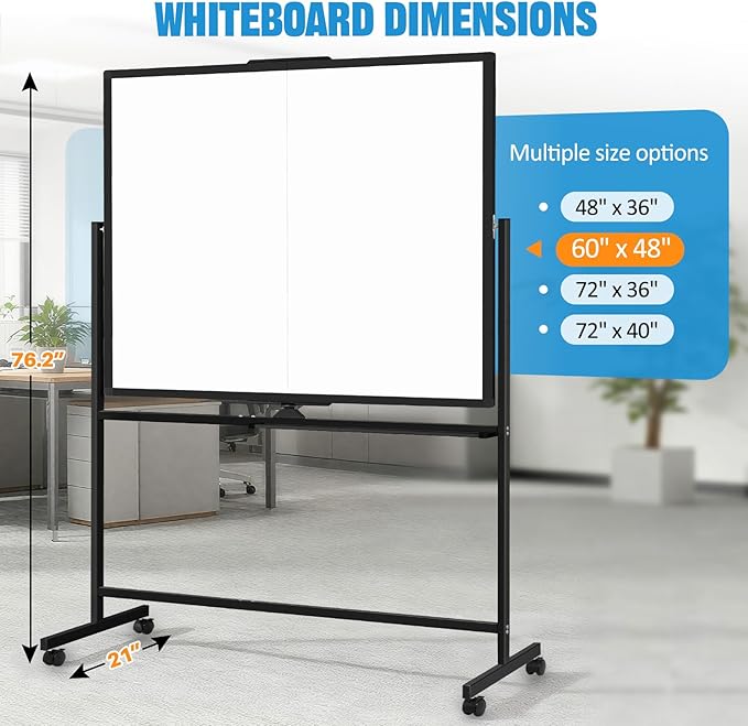 Rolling Dry Erase Board, 60" x 48"Double-Sided Mobile Whiteboard with Stand Large Dry Erase White Board on Wheels for Office, Classroom & Home