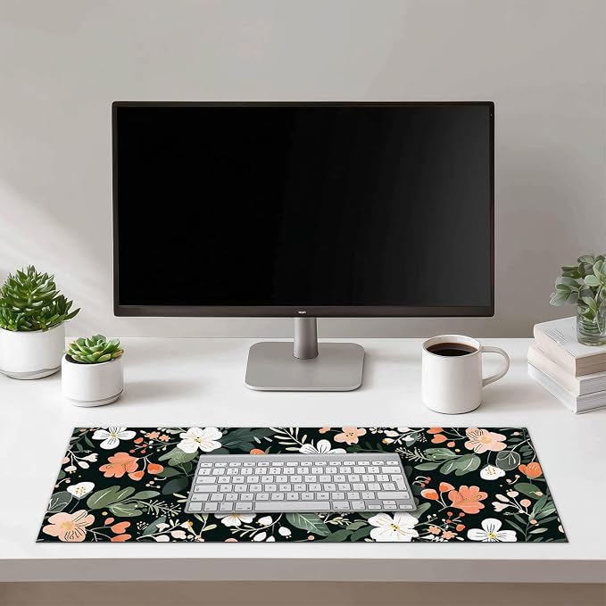 HOMETITUTE Large Floral Mouse Pad 31.5 x 11.8 in Extended Desk Mat Non Slip Waterproof Keyboard Mousepad with Botanical Blossom Design for Office Home Gaming