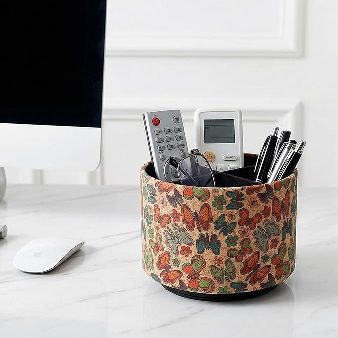 Round Leather Art Supply Organizer,Remote Control Holder,360 Degree Spinning,Multi-Functional Pencil Holder,4 Compartments Desktop Stationary Organizer(1-Color Butterfly)