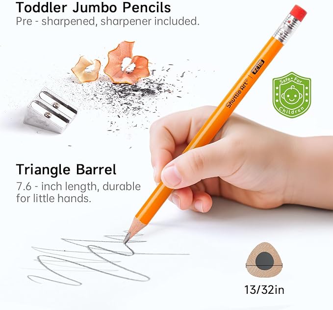Shuttle Art Jumbo Pencils - 18 Pack Triangle Pre sharpened Pencils #2 HB with Top Erasers & Sharpener, for kids Ages 4-8, Kindergarten School Supplies, Ideal for Home, Classroom