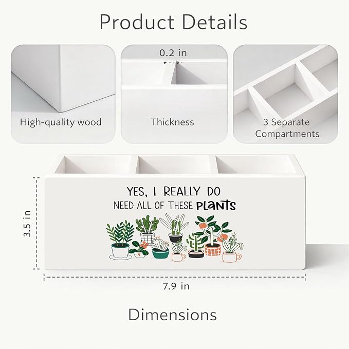 Plant Lover Desk Organizer Wooden Pen Pencil Holder for Desk, 3 Compartments Office Accessories, Yes I Really Do Need All of These Plants Funny Decor, Botanical Theme Table Storage for Home Office