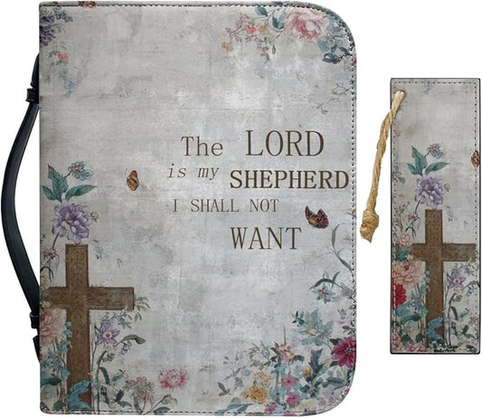 Vintage Style Floral and Cross Bible Case with Bookmark Waterproof Bible Cover Case for Women Lightweight Bible Bag with Handle Pockets Church Book Bag Grey