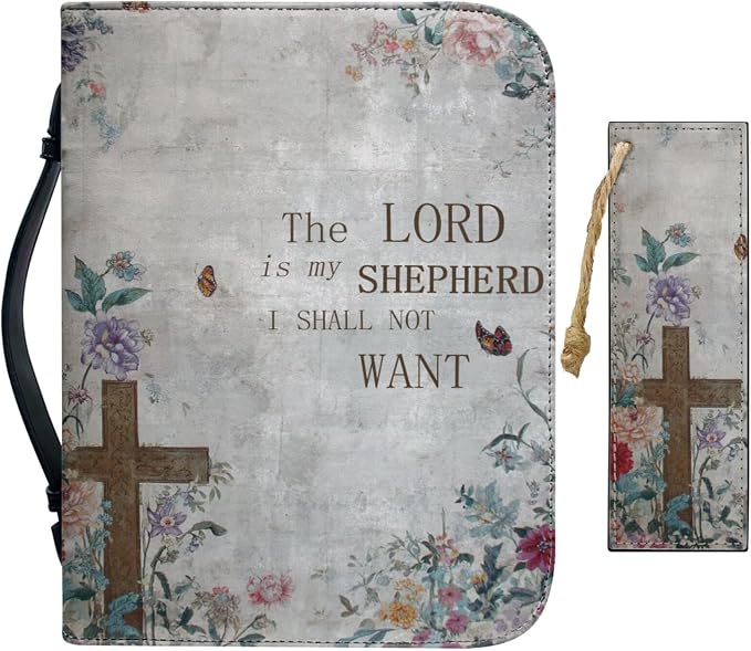 Vintage Style Floral and Cross Bible Case with Bookmark Waterproof Bible Cover Case for Women Lightweight Bible Bag with Handle Pockets Church Book Bag Grey