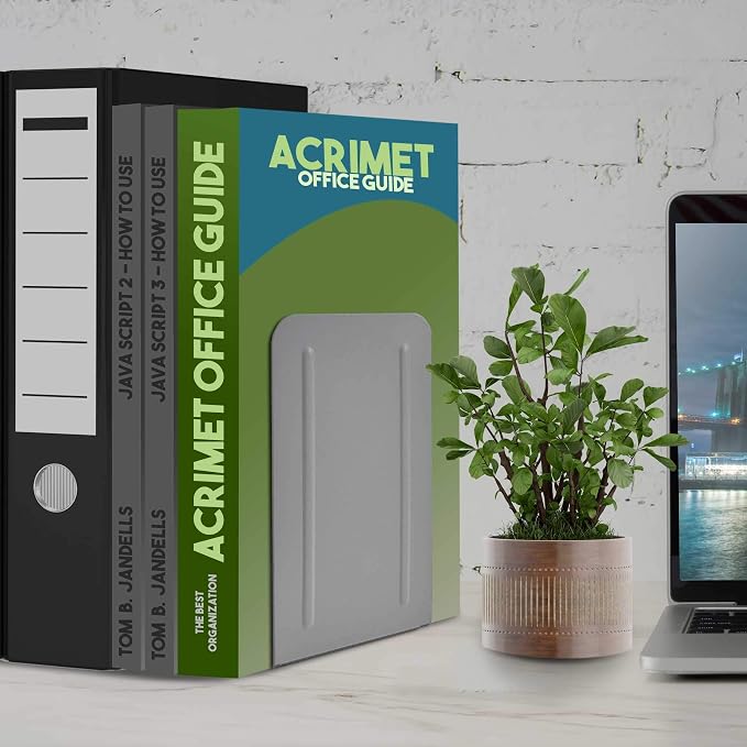 Acrimet Bookends for Shelves, Non-Skid Book Holder, Heavy Duty Book Stopper, Steel Metal Book Ends Storage for Home, Library, 6 7/8" H x 4" W x 4 1/2" D (Silver) (1 Pair / 2 Pieces)