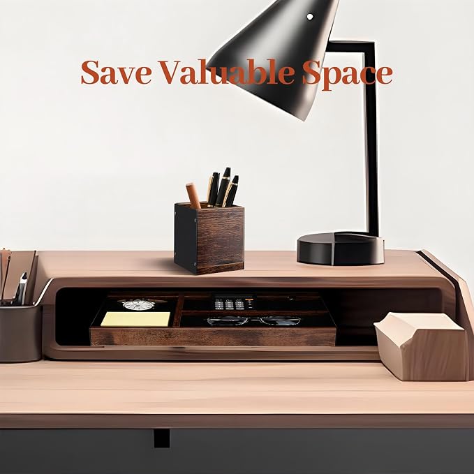 Wooden Desk Tray with Integrated Pen Holder, Luxury Office Organizer for Executive Desk, Minimalist Wood & Metal Stationery Storage Set, Premium Gift for Men & Home Office Decor