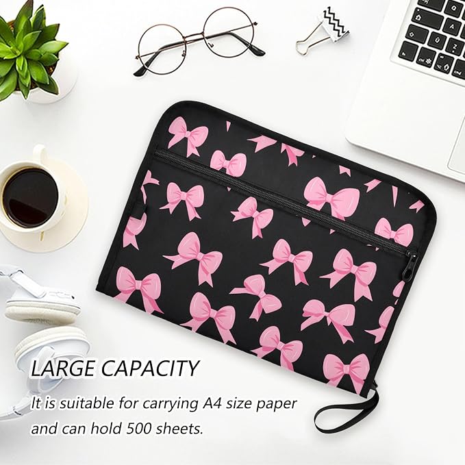 Expanding File Folder Pink Bow Black N Accordion File Organizer 13 Pockets Document Organizer with Zipper Labels A4 Letter Office Storage