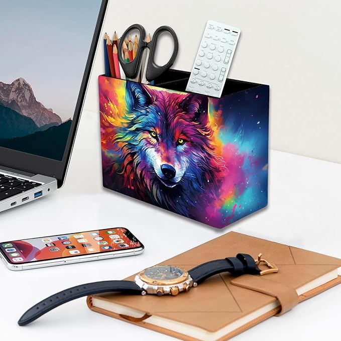 Pen Holder, Pencil Case, Makeup Brush Storage Box, Tableware Storage Box, Suitable for Office Or Home Item Organizing Stand - Colorful Space Wolf