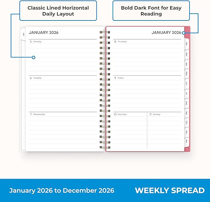 Blue Sky 2026 Weekly and Monthly Planner Calendar, January 2026 - December 2026, 5" x 8", Flexible Frosted Cover, Laminated Tabs, Durable Twin Wire Binding, Fly By