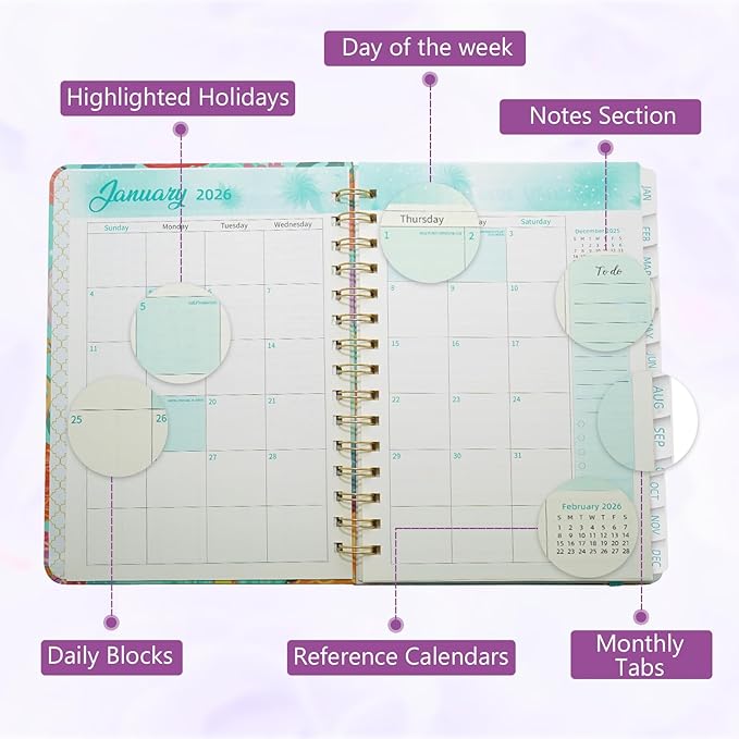 2026 Planner, Weekly and Monthly Calendar Planner for Women, Jan 2026 - Dec 2026, Hardcover Planning Agenda book with Tabs, Spiral Bound, Inner Pocket, Perfect for School Office Supplies, 8.4" x 6.3" (Green)