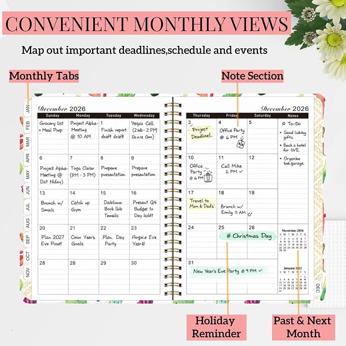 2026 Planner Weekly and Monthly,A5 Hardcover Calendar Jan 2026 to Dec 2026,Cute Cactus Aesthetic Agenda with Tabs,100GSM Thick Paper,Back Pocket & Elastic Closure for Women Teacher Student