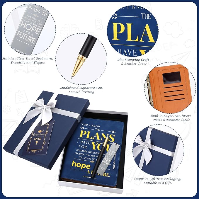 ReliThick 2026 Congrats Grad Gift Basket for Her Him Christian Leather Journal Notebook Metal Bible Bookmark Signature Pen Graduation Card for Class of 2026 Congratulations Gift(Blue Box,for I Know)