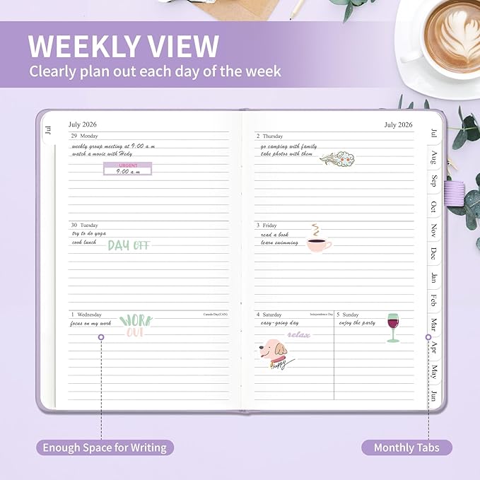 Planner 2026-2027, Weekly and Monthly Planner with Tabs from Jul 2026 - Jun 2027, A5 Hardcover Academic Calendar with Date for School & Office Schedule, 5.8" x 8.3", Purple