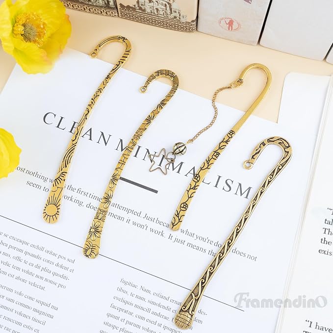 Framendino, 12 Pack Metal Bookmark Antique Tibetan Carved Hook Bookmarks with Loop for Crafting (Gold)