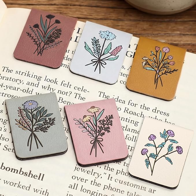 Hsei 6 Pcs Magnetic Leather Bookmark Floral Magnet Leather Book Marker Clips Accessory Women Flower Cute Reading Gifts for Bookworm Lovers Mother's Day Birthday Teacher's Appreciation Gift(Retro)