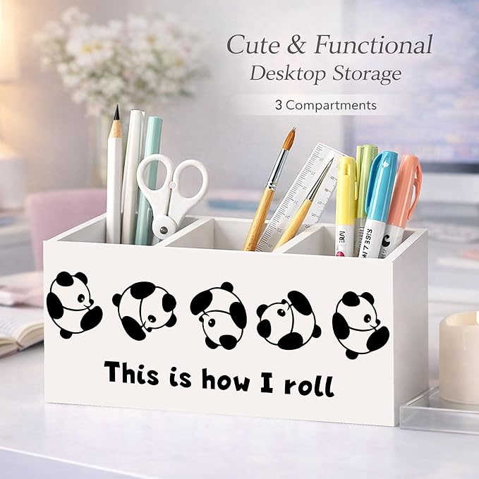 Wooden Desk Organizer with Panda Design, 3 Compartment Pen Pencil Holder, Decorative Office Supply Storage Box for Home, Office, Desk Table, Gift for Friends and Coworkers