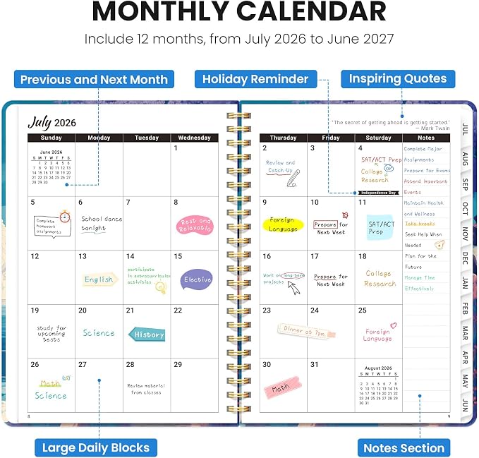 Planner 2026-2027, Monthly and Weekly Calendar Academic Planner July 2026 - June 2027, Hardcover Student Teacher Planning Agenda Book with Tabs, Perfect for Office School Supplies, A5 (6.3" x 8.5") - Lilac Coast