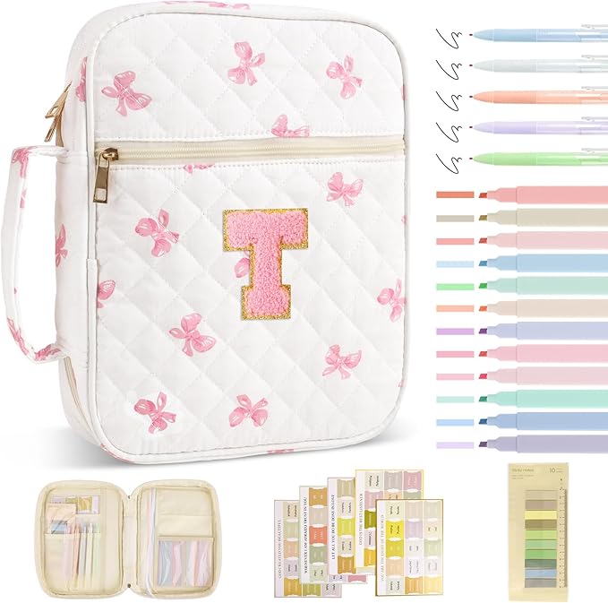 Personalized Initial Bible Cover Case for Women Girls Kid - Large Quilted Bible Case with Handle, Stylish Chenille Letter Bag Study Supplies, Perfect Christmas Gifts for Christians Women (Pink Bow-T)