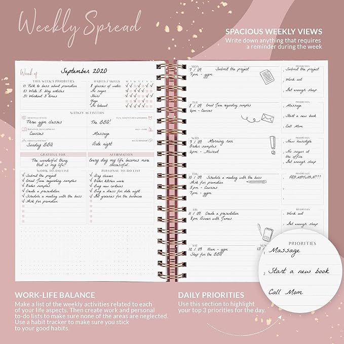 PLANBERRY Large Weekly Planner Premium – Undated Life & Budget Planner – Organizer & Productivity Journal, 8x10.4″ (Rose Gold)