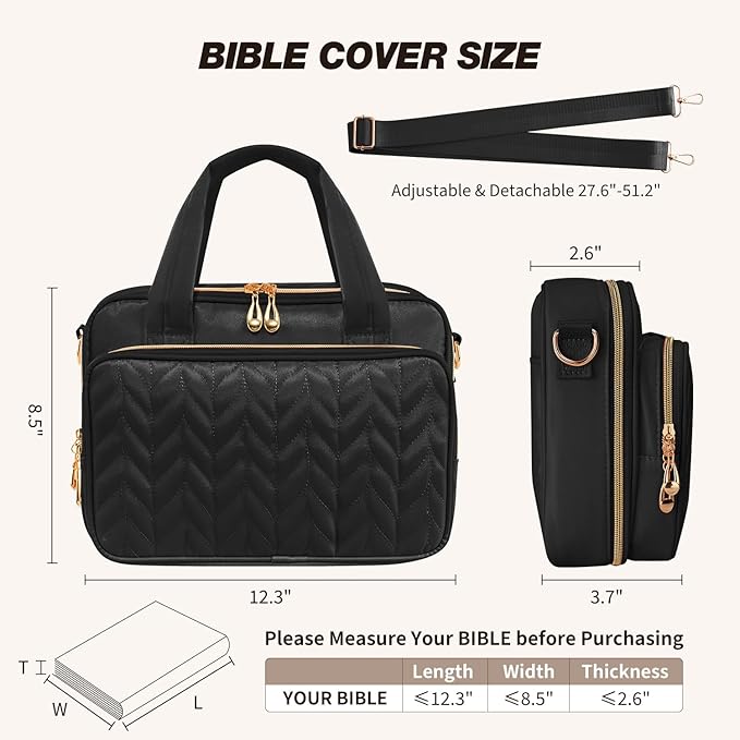KOPKOFT Bible Cover Case for Women, All-in-One Bible Study Supplies Journaling Kit with Highlighters Tabs, Quilted Book Carrying Cases, Christmas Christian Gifts for Women (Black)
