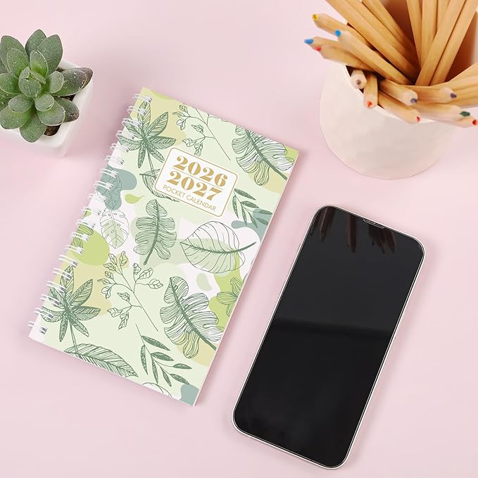 Pocket Calendar 2026-2027, Small Planner -3.7" x 6.7" for Purse, Runs from January 2026 Until December 2027, Monthly Planner 2026-2027 with Coil Organizing & Planning - Green