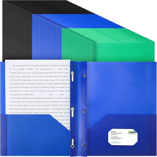 Cholemy 72 Packs Pocket Folders with Prongs Heavy Duty Plastic Folder with Business Card Slot 3 Prong Fasteners for School Office (Black,Blue,Green)