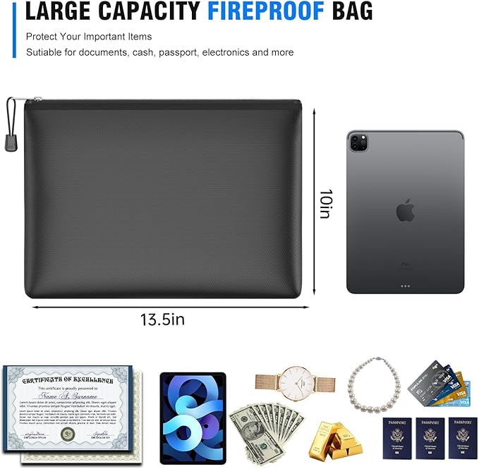 5pcs Fireproof Zipper Bags, A4 Zipper Pouches for Organizing Storage, Water-Resistant Document Bags(13.5"x10"), Letter Size, File Bags for Home, Office, School, Travel, Cash, Passport, Black