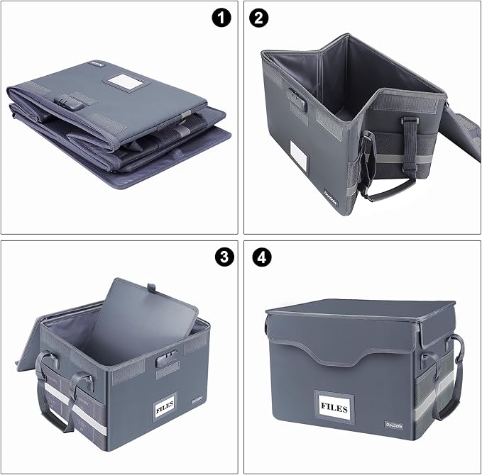 DocSafe Fireproof Document Box with Lock,File Storage Organizer with Zipper Pockets,Collapsible Portable File Box Home Office Safe Filing Cabinet with Handle for Hanging Letter/Legal Folders,Gray