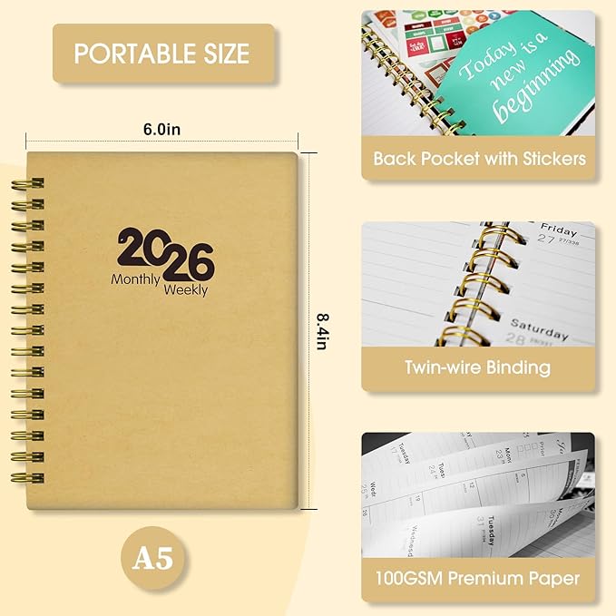 Ymumuda Academic Planner 2026, Daily Weekly and Monthly Calendar Planner (Jan.2026-Dec.2026),8.4"×6.3", Hardcover Notebook Teacher Supplies, Premium Thick Paper, Planners for School Work Office