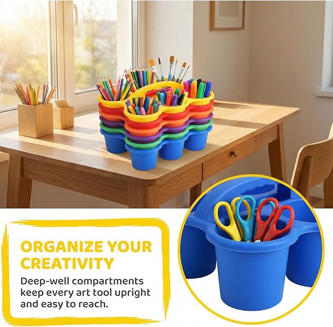 6-Cup Classroom Storage Caddy with Handles ,Art Supplies Stackable Storage Bins for Table, Office School Durable Easy-Clean Plastic Multiple Colors (Set of 6)