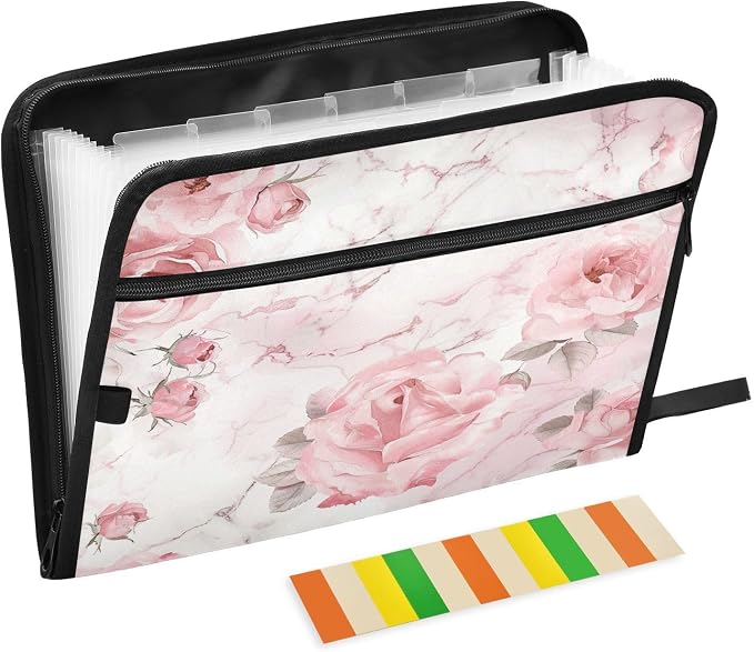 ALAZA Roses Pink White Marble Expanding Filing Folder, 13 Pockets Expandable Document Organizer Folder with Zipper Closure for Home Office A4 Letter Size Paper Document