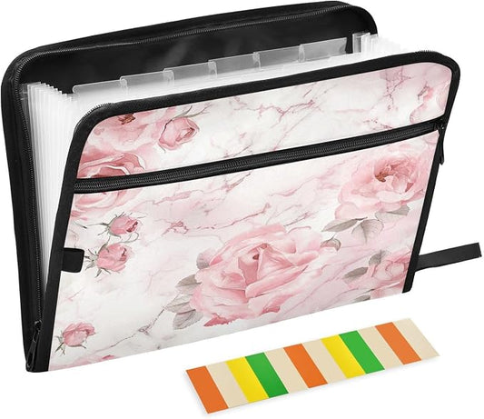 ALAZA Roses Pink White Marble Expanding Filing Folder, 13 Pockets Expandable Document Organizer Folder with Zipper Closure for Home Office A4 Letter Size Paper Document