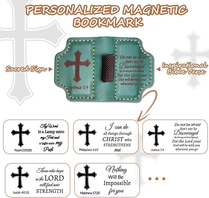Bygone Mark Personalized Magnetic Leather Bookmark with Pen Holder,Inspirational Bible Verse Religious Bookmarks,Christian Book Lovers Reading Accessory for Men Women (Green, Joshua 1:9)
