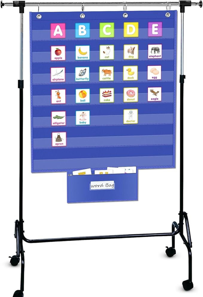 ALSLEA Standard Pocket Chart for Classroom with Zipper Storage Bag 28"x28" Wall Hanging File Display Pocket Chart with 7 Sentence Strips Holder Teacher Essential (Blue)