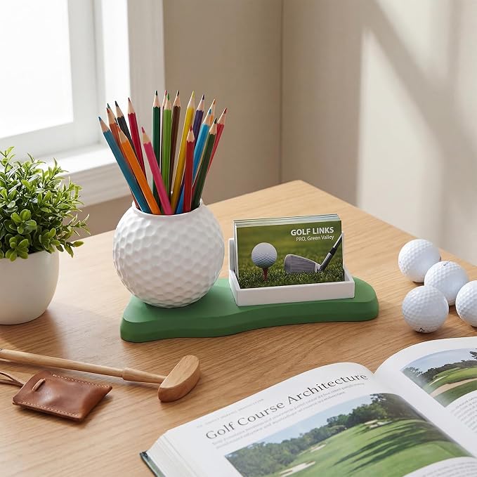 Tenceur Golf Ball Pen and Business Card Holder for Desk Organizer Funny Golf Gifts for Men Dad Father Husband Golfers Gift Mini Resin Desktop Ball Pen and Card Holder for Golfer Lover Gift Supplies